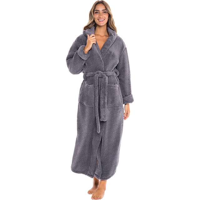 Women's Plush Fleece Robe with Hood, Long Warm Solid Bathrobe