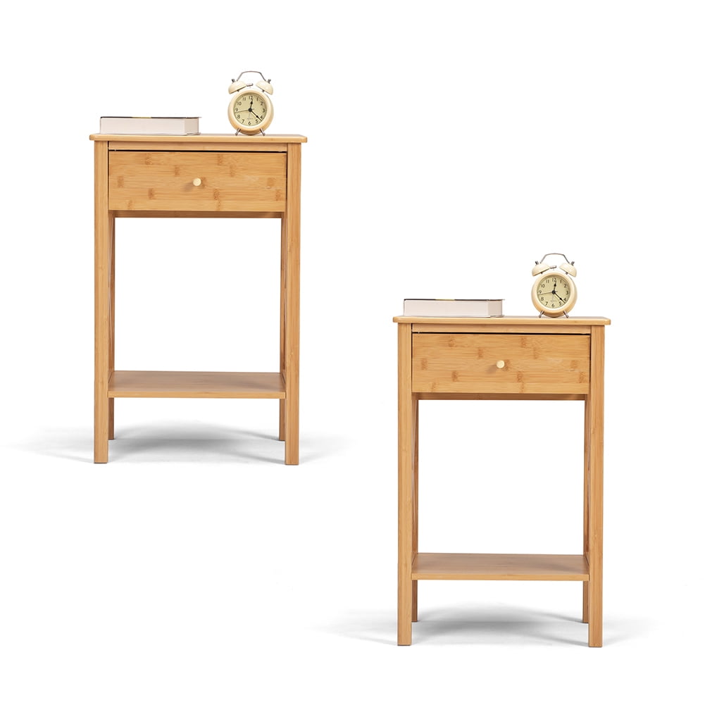 Set of 2 Farmhouse Bamboo Bedside Cupboard, Bedside Cabinets with Drawer and X-Side Shelf, Bedside Furniture for Bedroom, Living Room, Office, Natural Set of 2 Farmhouse Bamboo Bedside Cupboard, Bedside Cabinets with Drawer and X-Side Shelf, Bedside Furniture for Bedroom, Living Room, Office, Natural
