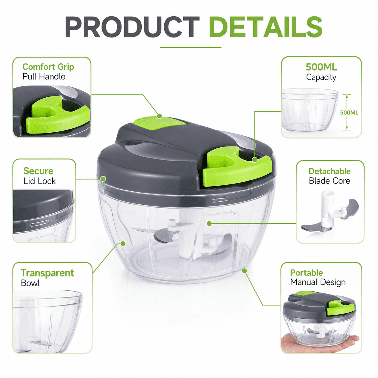 Manual Food Processor Vegetable Chopper, 500ml Hand Pull Garlic Mincer Onion Cutter for Vegetables, Fruits, Nuts, Herbs, Ginger, Gray Green