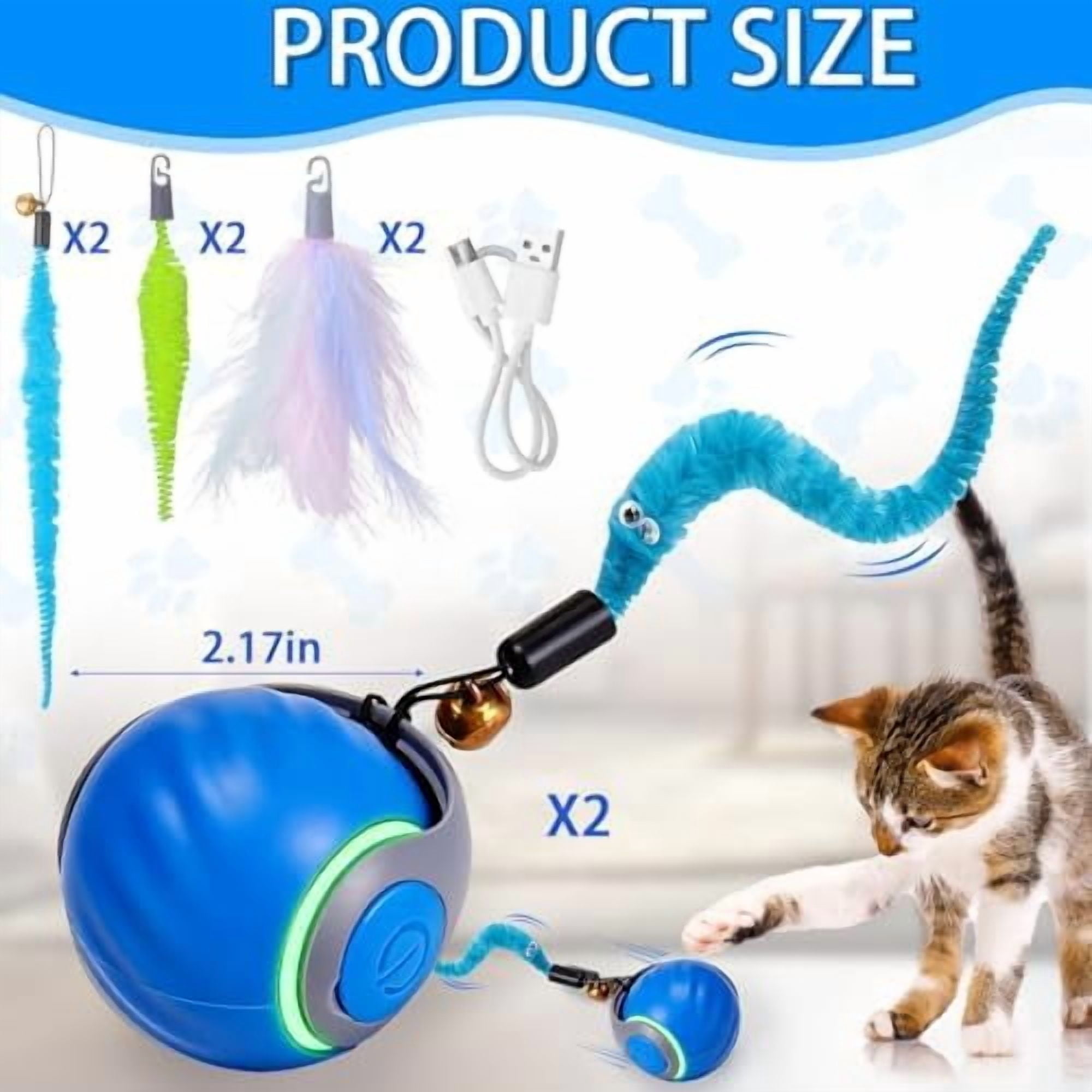 2Pack Blue Interactive Cat Toy Ball - Automatic Interactive Cat Toys for Indoor Cats with 3 Tails, 2 Speeds Rechargeable Enrichment for Small/Medium/Large to Keep Them Busy