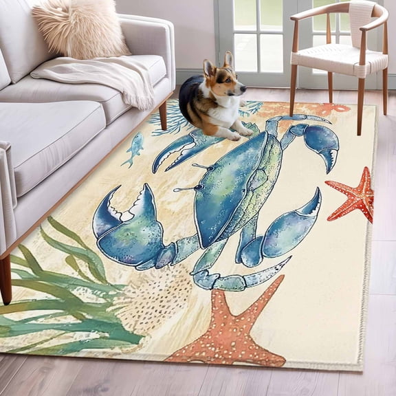 Blue Teal Crab Coastal Area Rug 4x6 Washable Rug Non Slip Nautical Beach Coral Starfish Large Area Rug Indoor Floor Carpet for Entryway Bedroom Kitchen Living Room Home Office Dining Room Nursery