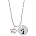 thumbnail image 1 of Delight Jewelry Silvertone Small ''Princess'' Crown with Pink Crystals Silvertone Script Initial Disc - T - Charm Necklace, 20"+3", 1 of 4
