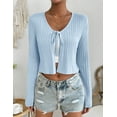 thumbnail image 2 of Women's Front Tie Up Crop Top Shirt Long Sleeve Lace Up Knitted Open Cardigan V Neck Cropped Basic Tees, 2 of 9