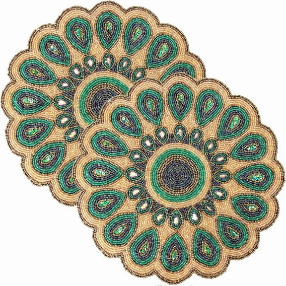 Pack of 2 Handcrafted Glass Beaded Placemats - Elegant Round Table Mats for Dining Décor (Emerald Green & Gold)