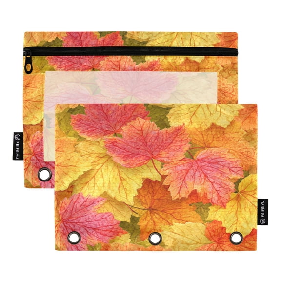 2 Pack 3 Ring Binder Pouch with Clear PVC Window Water Resistant Zipper Pencil Pouch Autumn Leaves Binder Pocket for Classroom Office Home Stationery Organization