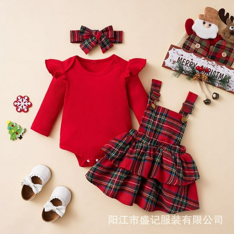 Lauty Baby Girl Dresses 0-3 Months Baby Girl Christmas Outfit Baby Girl Clothes Toddler Long Sleeve Ribbed Romper Top Plaid Skirt Set Little Girl