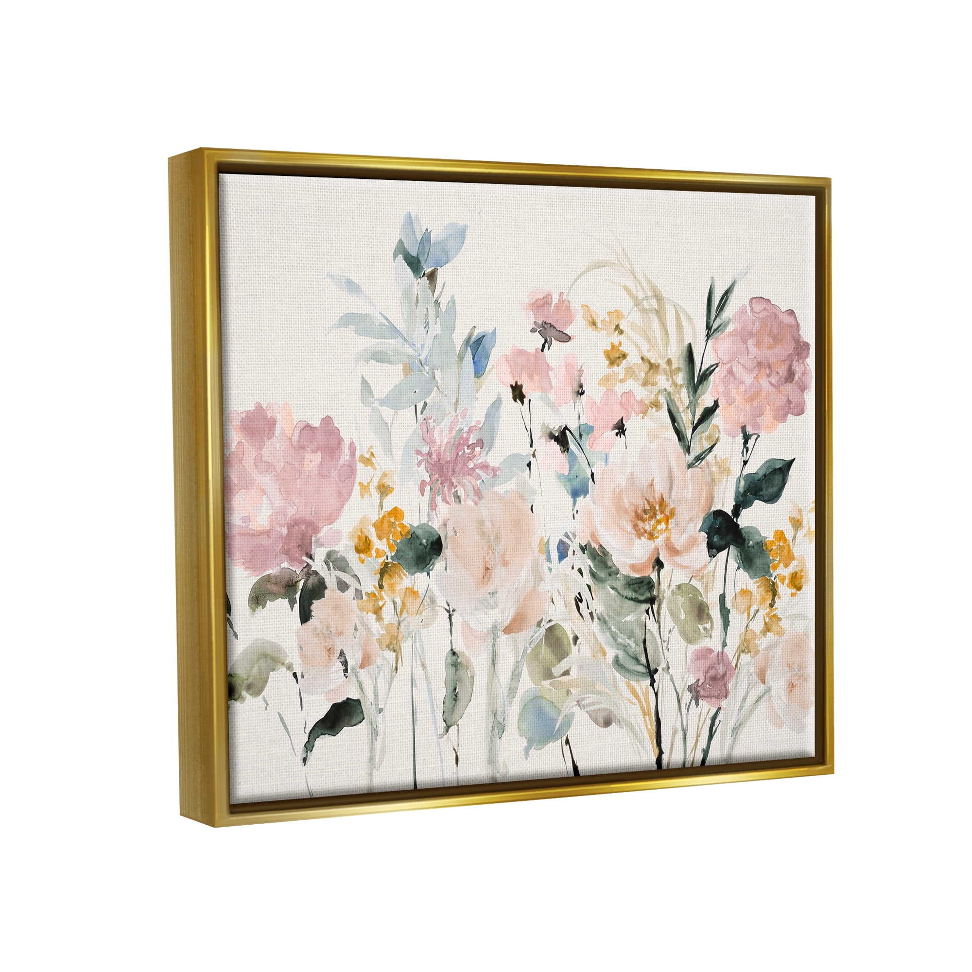 Stupell Industries Pastel Spring Flowers Botanical & Floral Painting Gold Floater Framed Canvas Art Print Wall Art, 21 x 17