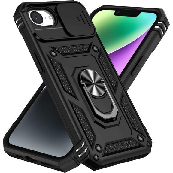 KOMI Compatible with iPhone 16e Back Case with TPU Bumper 360 Degrees Metal Ring Stand Heavy Duty Military Grade Protection Hybrid Shockproof Case for iPhone 16e 6.1'' Black