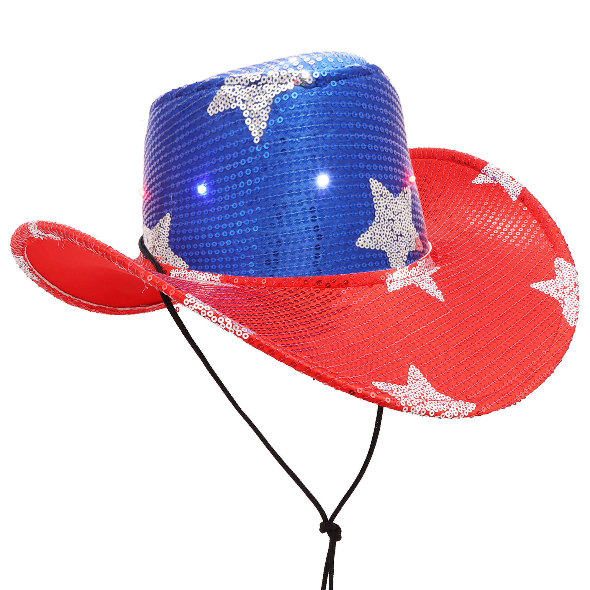 9465 12 Pcs/6 Sets Patriotic Cowboy Hats Bulk 4th Of July Sequin Hats With Bow Light-Up Sequin Cowboy Hat, Red/White/Blue, One Size  main image 3