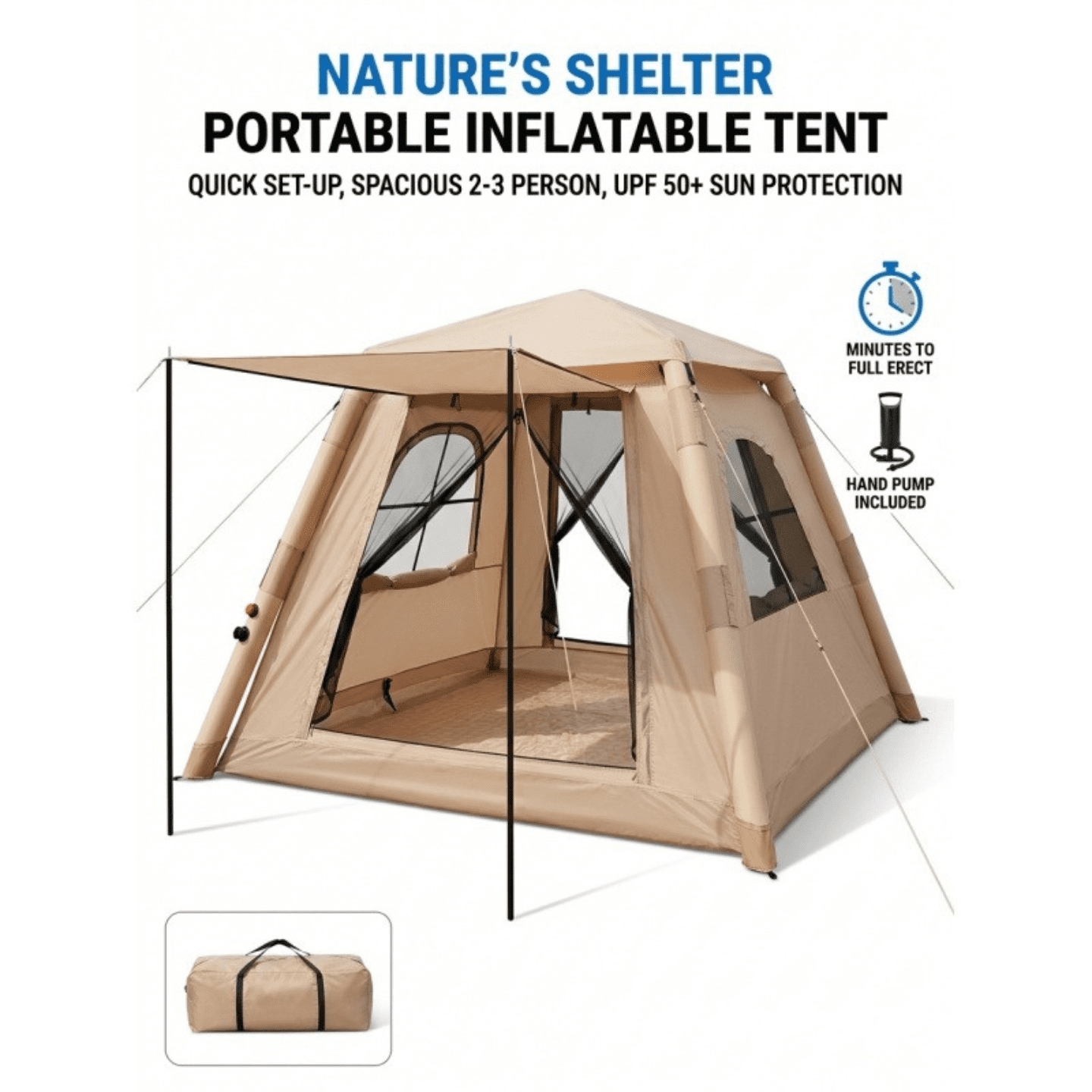 Inflatable Camping Tent for 2-4 Person, Waterproof Air Tent with Easy Setup, Instant Blow Up Family Tent for Outdoor Camping, Hiking & Travel, Includes Storage Bag & Manual Pump