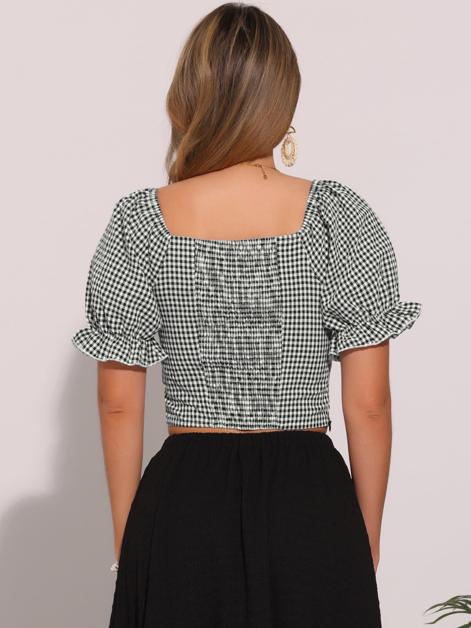 DARING DIVA Women's Smocked Crop Bubble Sleeve Peasant Gingham Tops L Black White