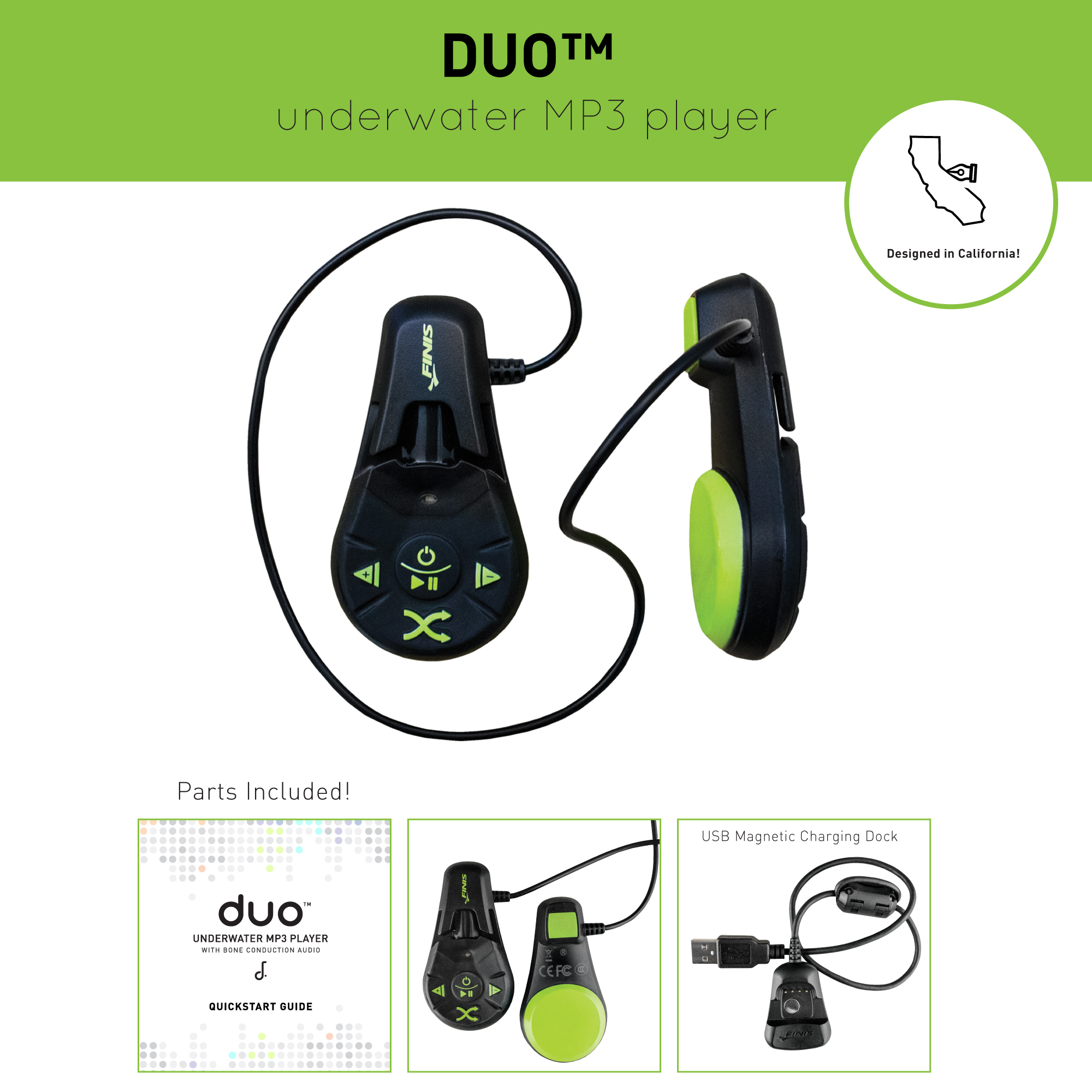 FINIS Duo Underwater 4GB MP3 Player with Weather Resistant, Black/Green, 1.30.058.244 - image 2 of 20