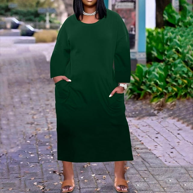 Robe d'Été pour Femmes 2024 Grande Taille Robe pour Col Rond Décontractée Robes d'Été avec Poches Manches Longues avec Poches en Liquidation à Moins de 10!