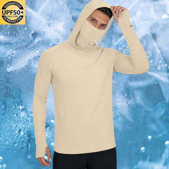 Men's Fishing UPF 50 Sun Protection Hoodie Regular Fit Solid Color Hooded Long Sleeve with Thumb Holes & Watch Window Quick Dry UV Shirt Khaki L