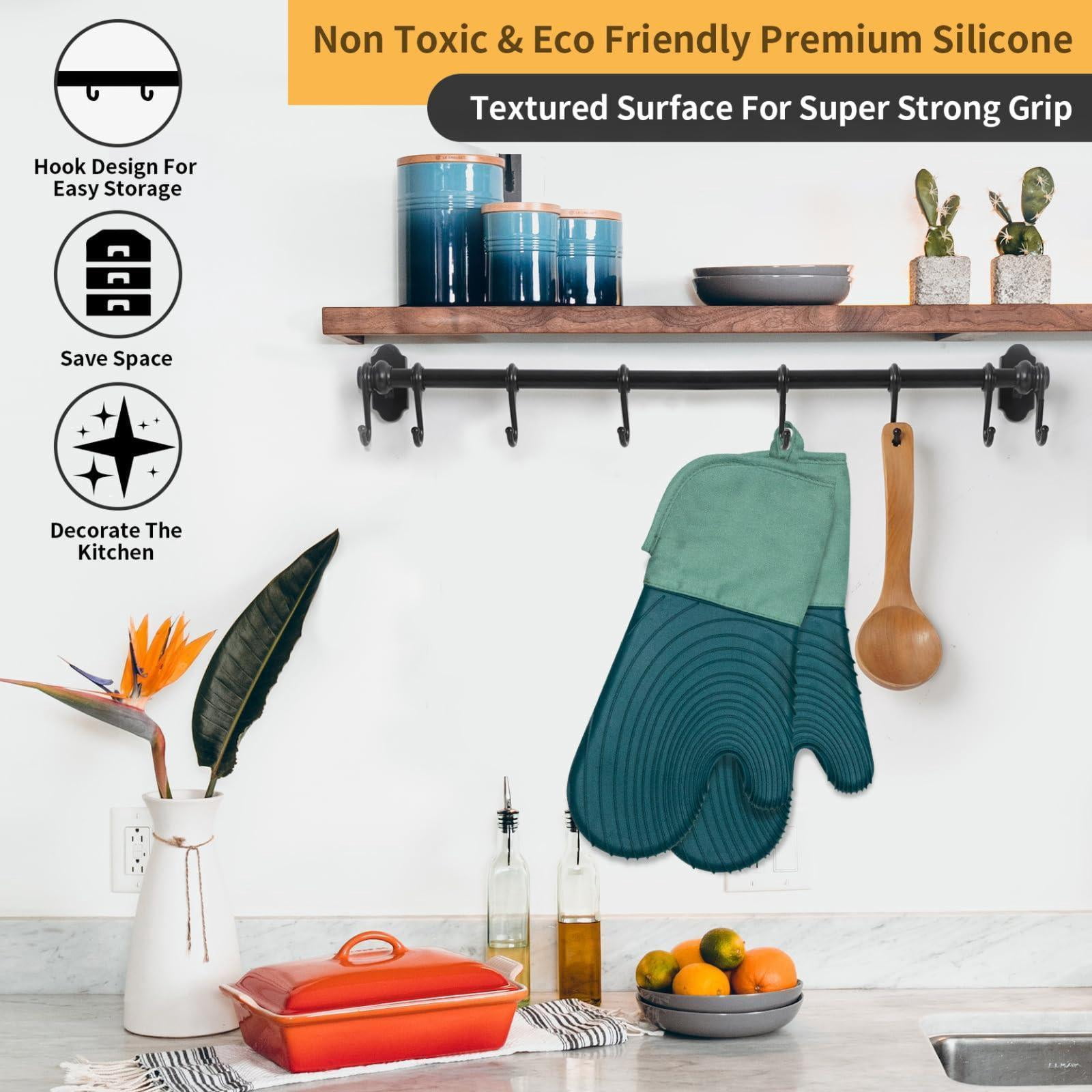 Oven Mitts Silicone Cotton Lined Green 2-Piece Cooking Grilling Baking