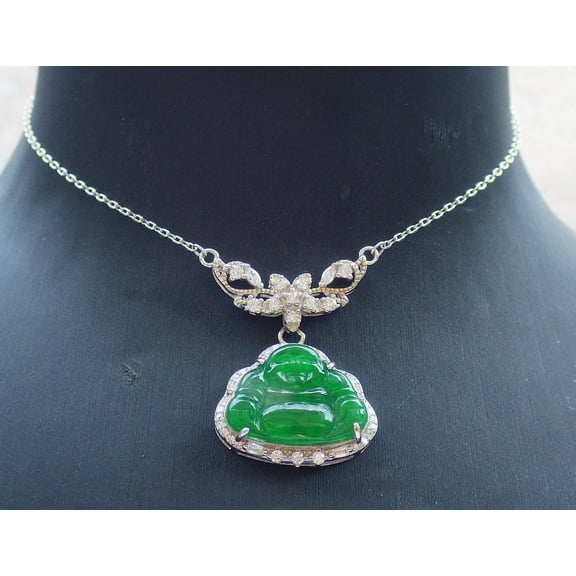 Icy Green Silver 925 Certified Burma 100% Natural A JADE Jadeite pendant Happy Buddha God Necklace 668265 TN
