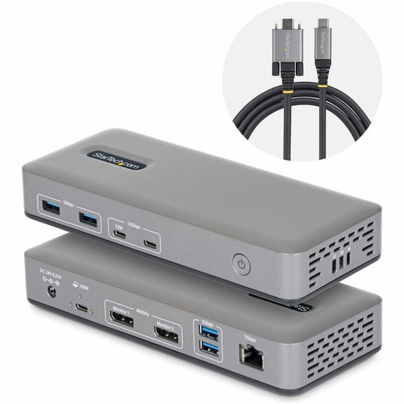 StarTech Dual-Monitor USB-C Docking Station, DisplayPort, 4K 60Hz, 100W Laptop Charging, 1GbE, Driverless, Multi-Monitor Dock