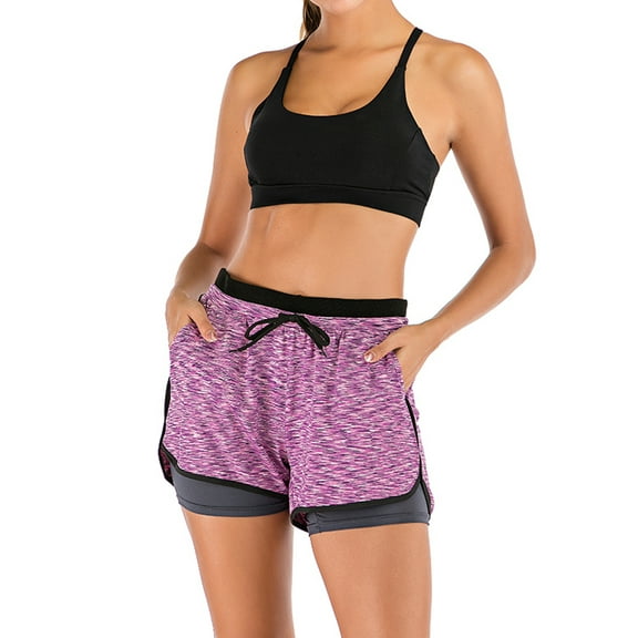 DODOING Women's Workout Athletic Double layer Jogging Yoga Elastic Waist Running Athletic Fitness Shorts