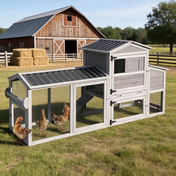 Suumerpety Chicken Coop with Wheels for 4-6 Chickens 80.6" Large Waterproof Mobile Hen House with Run Nesting Box & Leakproof Tray Grey