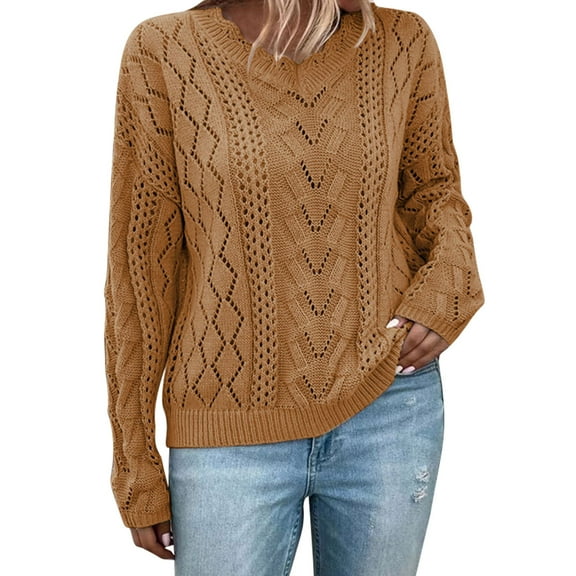 Womens Oversized V Neck Sweaters Casual Long Sleeve Hollow Out Fall Sweater Solid Color Cable Knit Pullover Coffee XL