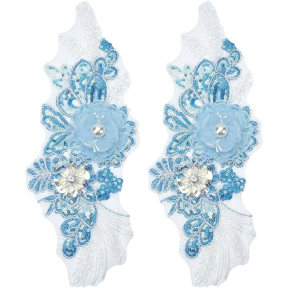 2 Pcs 3D Lace Beads Flower Embroidery Patches Polyester Embroidery Lace Appliques Floral Appliques Sew on Patches for Clothing Sewing Wedding Bride Dress Shoes Decor for DIY Dodger Blue