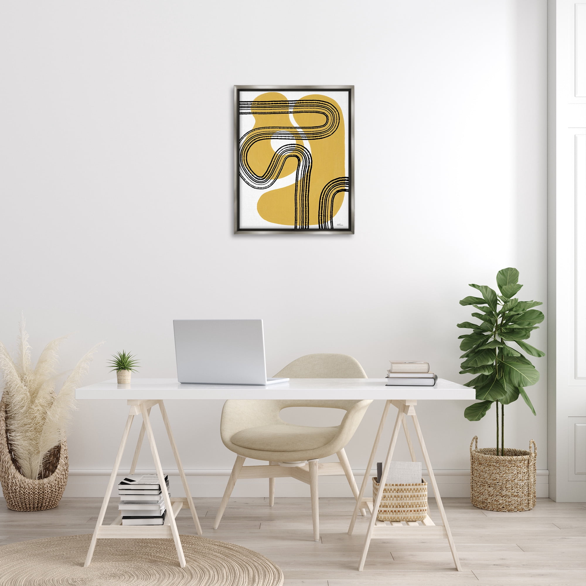 Stupell Industries Curved Stripes on Shapes Abstract Painting Gray Floater Framed Canvas Art Print Wall Art, 25 x 31