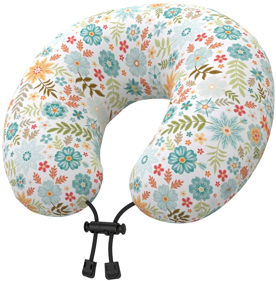 Nobildonna Latex Travel Neck Pillow with Floral Cover for Adults Women Teen Girls U Shaped Head Chin Support Pillow for Airplane Yellow Rose Car Train Sleeping or Office Home Napping