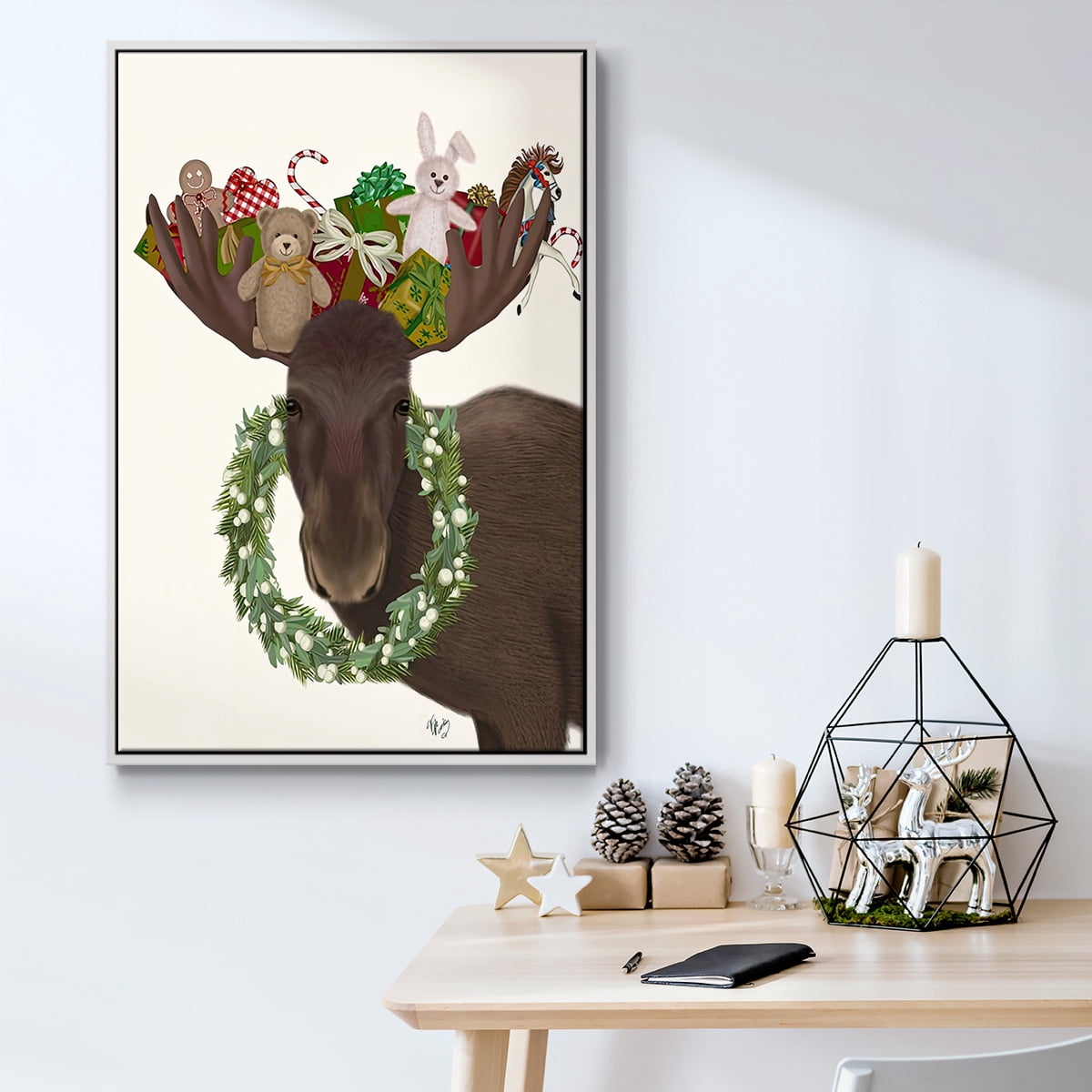 Christmas Moose and Christmas Gifts - Framed Gallery Wrapped Holiday Canvas - 25 x 37 - White Frame