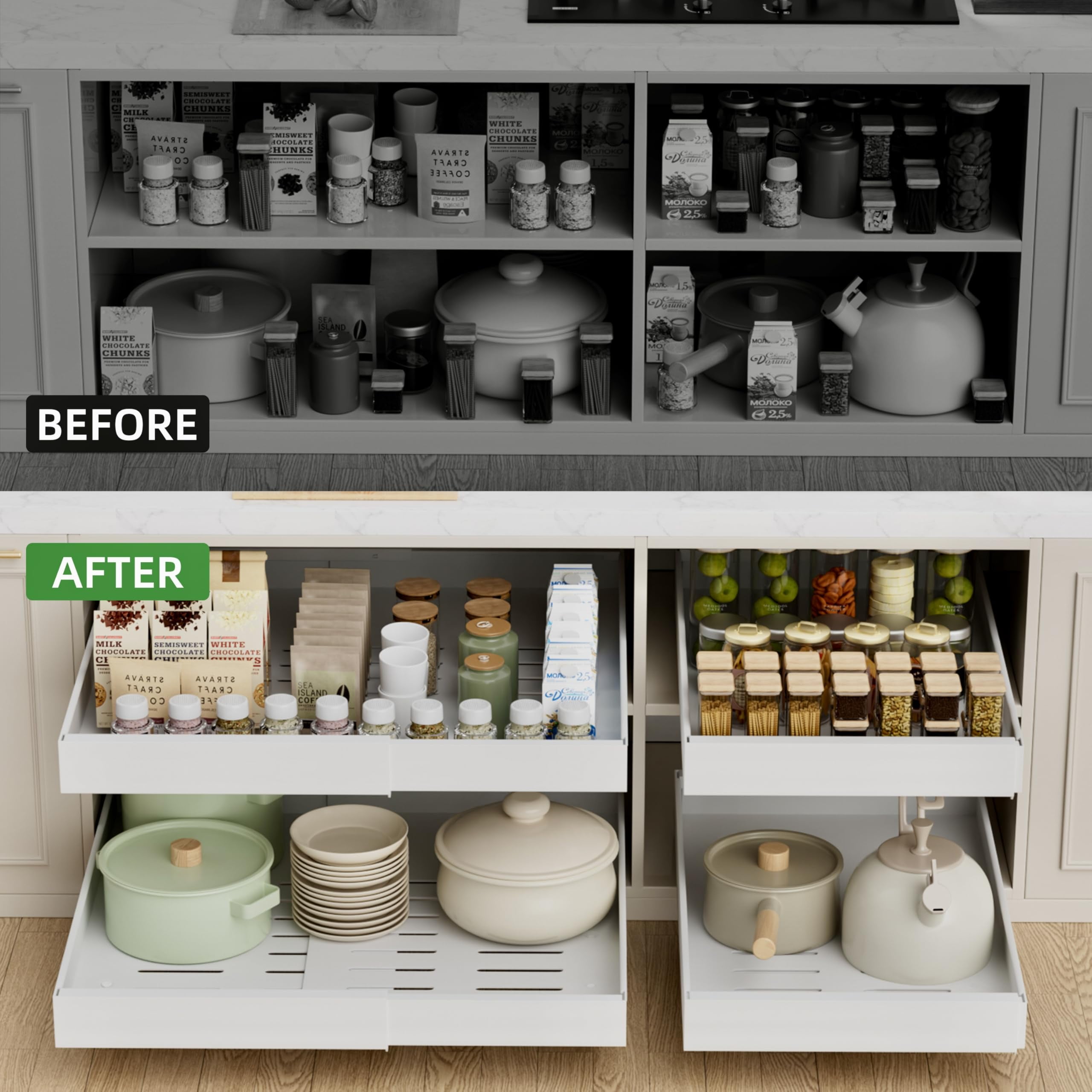 Gimgong Expandable Pull Out Cabinet Organizer with 3 Slide Rails, Sliding Drawers for Cabinet, White, 21"D x 12"-20"W