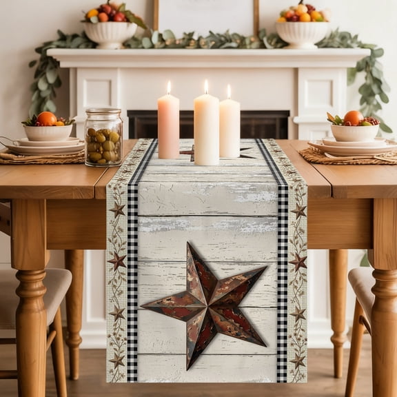 Rustic Star Dining Table Runner, Farmhouse Barn Vintage Beige Wood Striped Washable Table Runners Kitchen Coffee Table Center Decor for Home Party Holiday Wedding 13 x 120 Inches