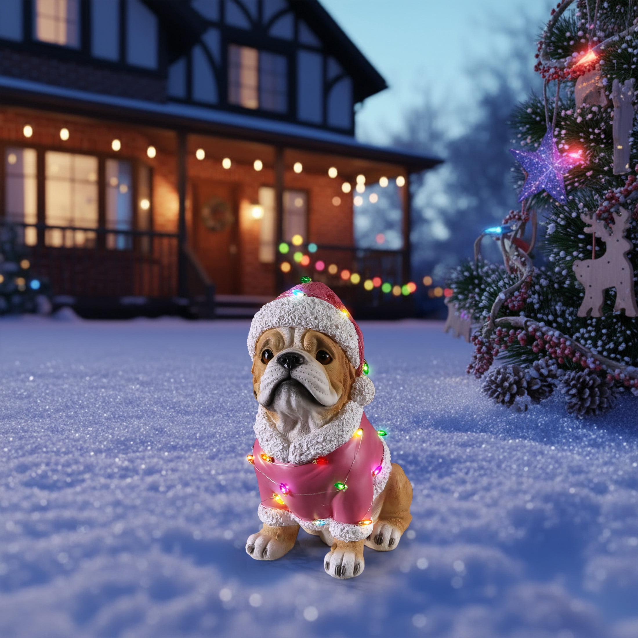 Noble House Christmas Pug Statue, Cheerful Holiday Dog Figurine in Santa Outfit, Brown Fur & Pink Shirt