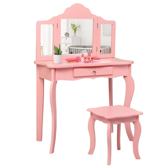 Patiojoy Wooden Vanity Table with Triple Folding Mirror & Stool for Kids Pink