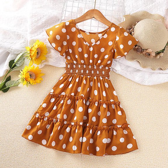Godderr Toddler Girl Summer Dress V-Neck Short Sleeves Dress Wave Point Girdle Waist Dress 1 Piece Set for 4T-8T