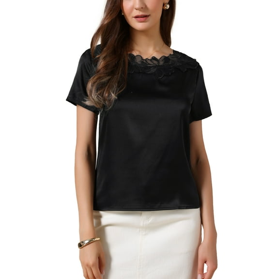 Summer Silk Satin Tops for Women Dressy Casual Short Sleeve Floral Lace Blouse Elegant Work Shirts XS Black