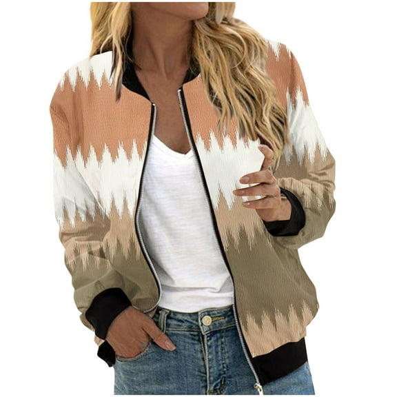 Ruimatai Women's Printed Long Sleeve Jacket Casual Loose Fit Zippered Outerwear Top with Pockets Comfortable Polyester Fashion Coat