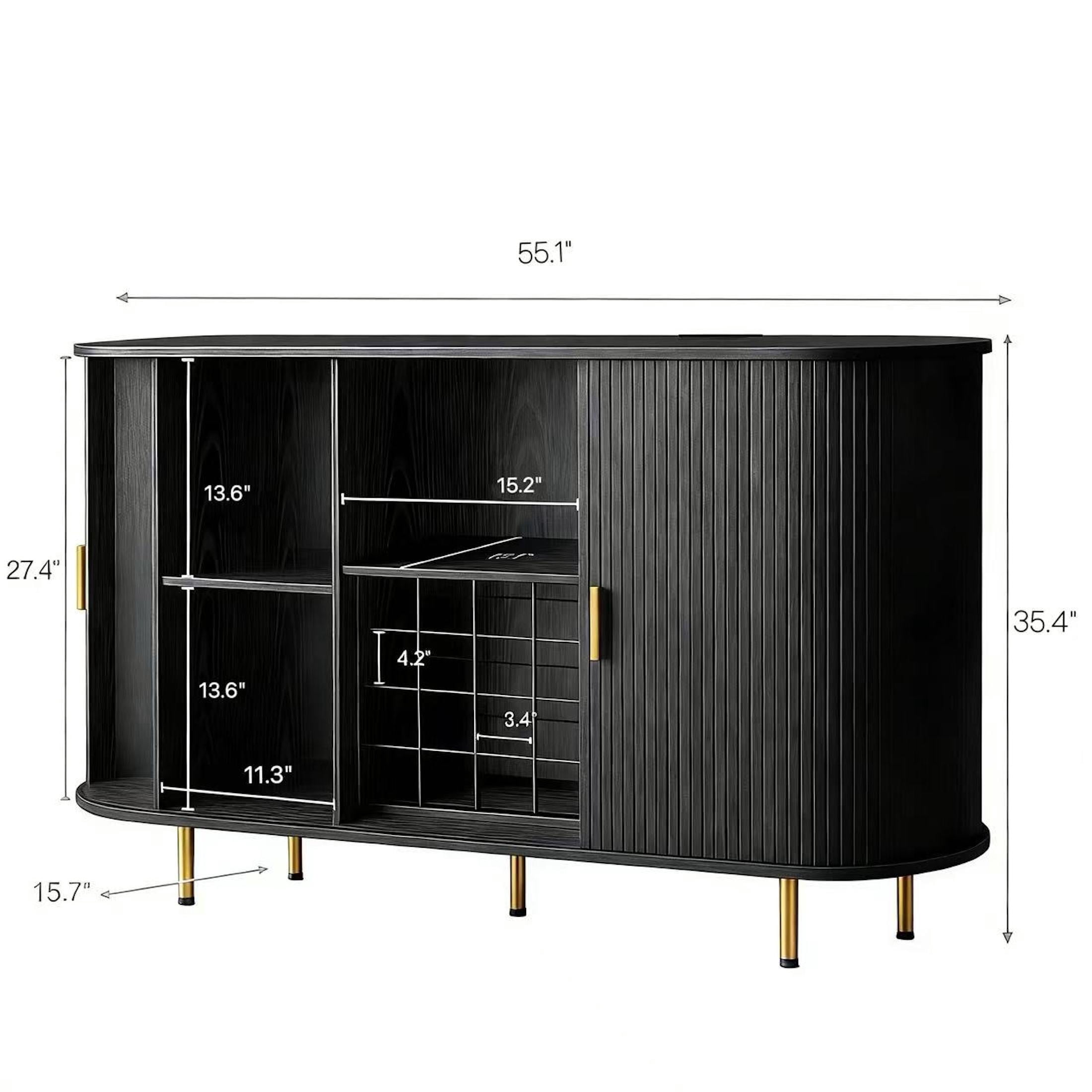 Aisword 55" Wine Bar Cabinet with Storage, Fluted Liquor Coffee Bar Cabinet with LED Lights, Buffet Sideboard, Black