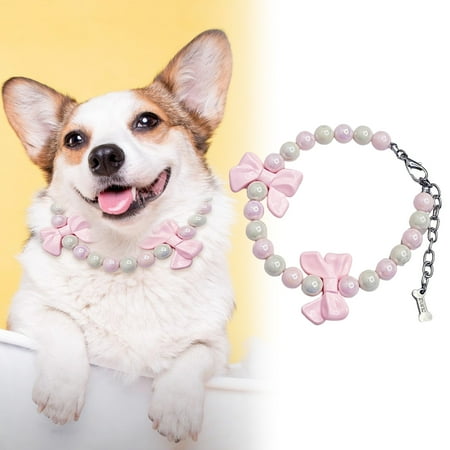 Frogued Pet Necklace Collar for Dog Cat Adjustable Pink Bow Jewelry Female Puppy Collar with Artificial Pearl Decoration Pet Puppy Jewelry for Wedding Birthday Party (M)