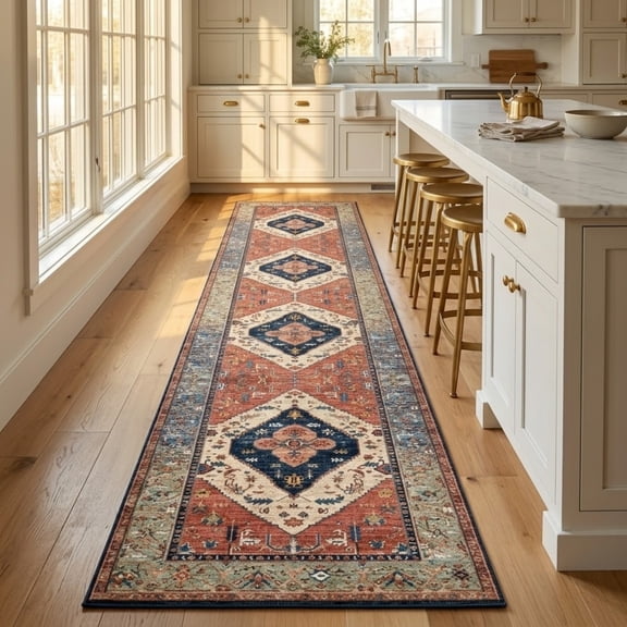 Washable Runner Rug 2X10 Ft Non Slip Cloud-Feel Softness Bohemian Rust & Navy, MOURZAORS