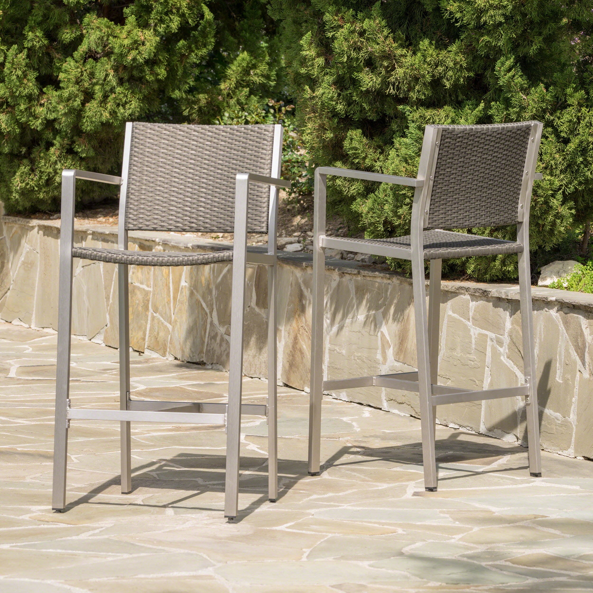 Outdoor Rust Proof Aluminum Frame Bar Stool Set of 2 29.50 Inch, PE Rattan Surface Height Seats for Patio Bar, Silver and Grey