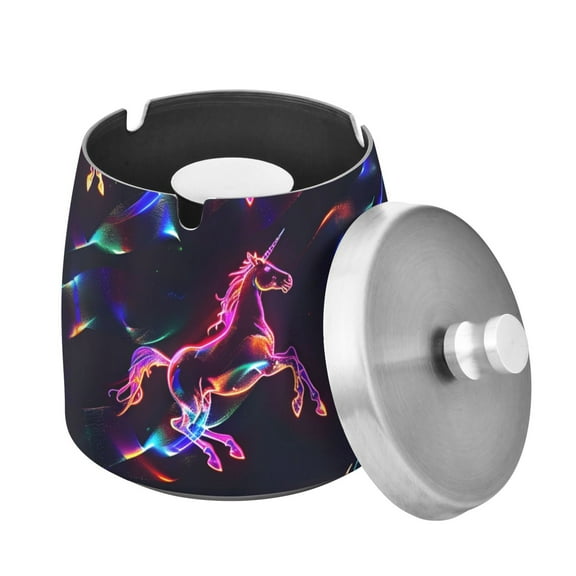 Outdoor Ashtray with Lid for Cigarette Stainless Steel Smokeless Ash Tray for Patio Home Table Decor Neon Running Horses