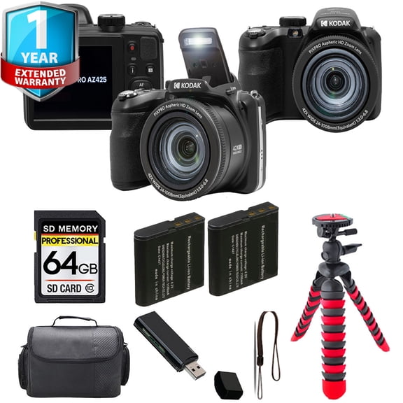 Kodak PIXPRO AZ425 Digital Camera (Black)   Tripod   1 Yr Warranty - 64GB Kit