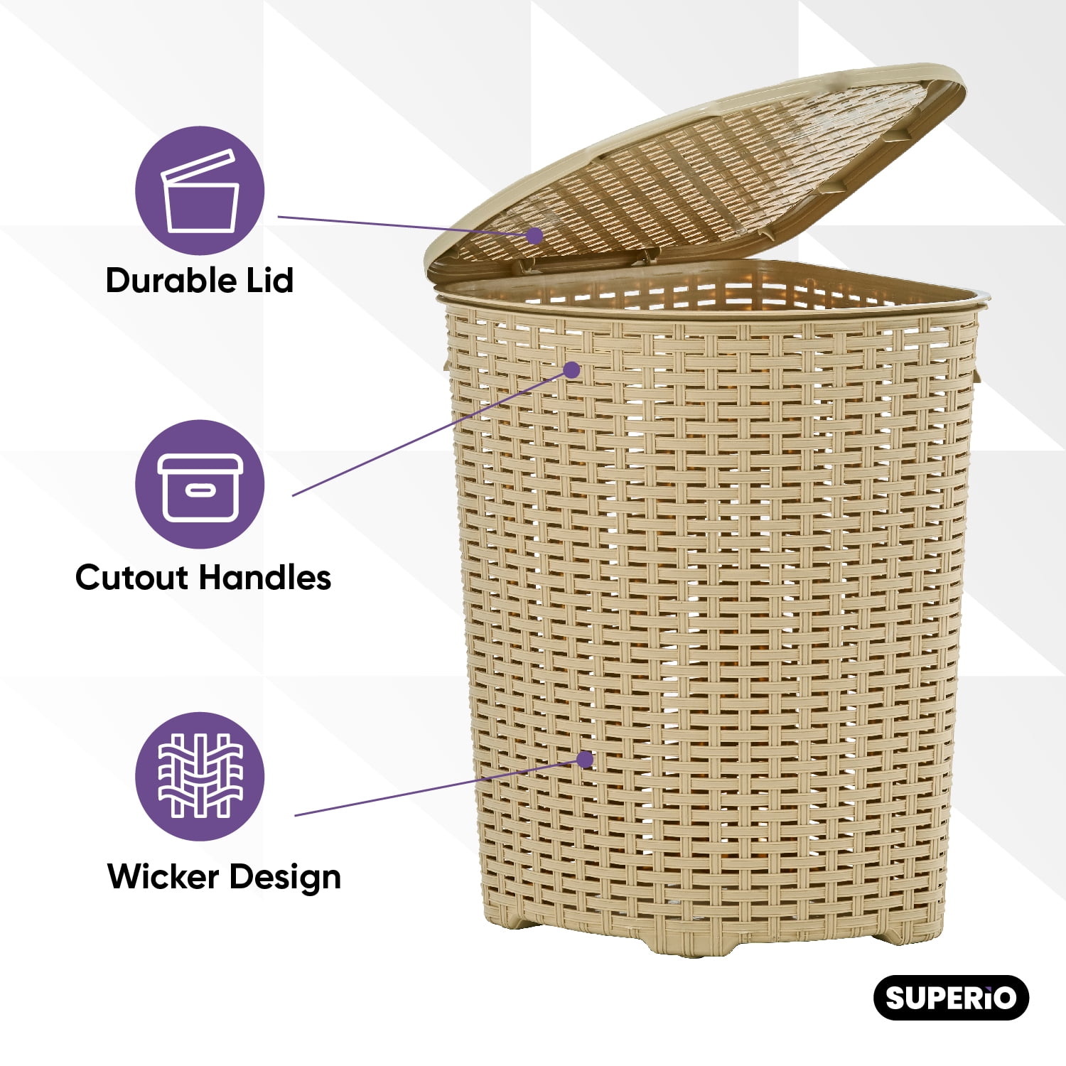Superio 50L Wicker Plastic Corner Laundry Hamper with Lid - Beige (2 Pack)