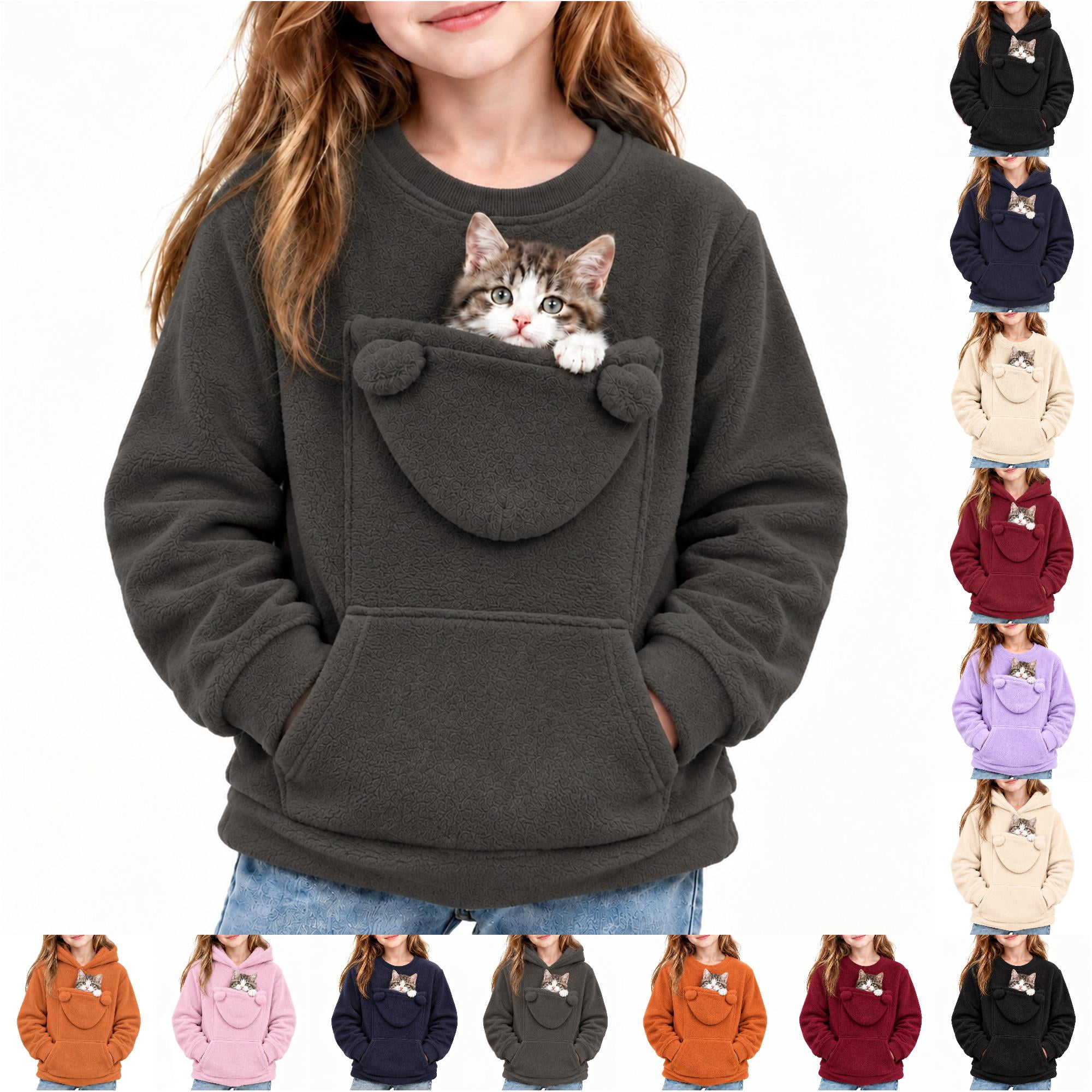 VBEWZET Pet Pocket Hoodie Kids Fleece Hoodie with Pouch Pocket Girls Long Sleeve Pullover Sweatshirt Casual Cozy Top B-Grey 11-12 Years