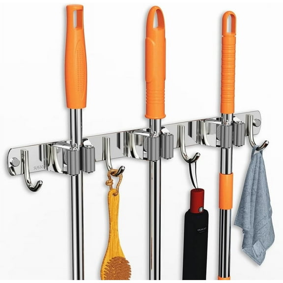 SUTRAME Mop and Broom Holder Wall Mount, Upgraded Broom Organizer Wall Mount, Stainless Steel Broom Hanger Wall Mount for Home Kitchen Garden Laundry Garage (3 Racks with 4 Hooks)