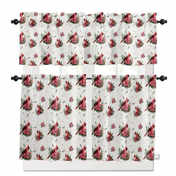 Christmas Cardinal Kitchen Curtains and Valances Set, Red Bird Poinsettia Leaf Winter Rod Pocket Window Valance 18 Inch Window Curtain Panels for Living Room Bedroom Laundry, 27.5x24in, 3 Pieces