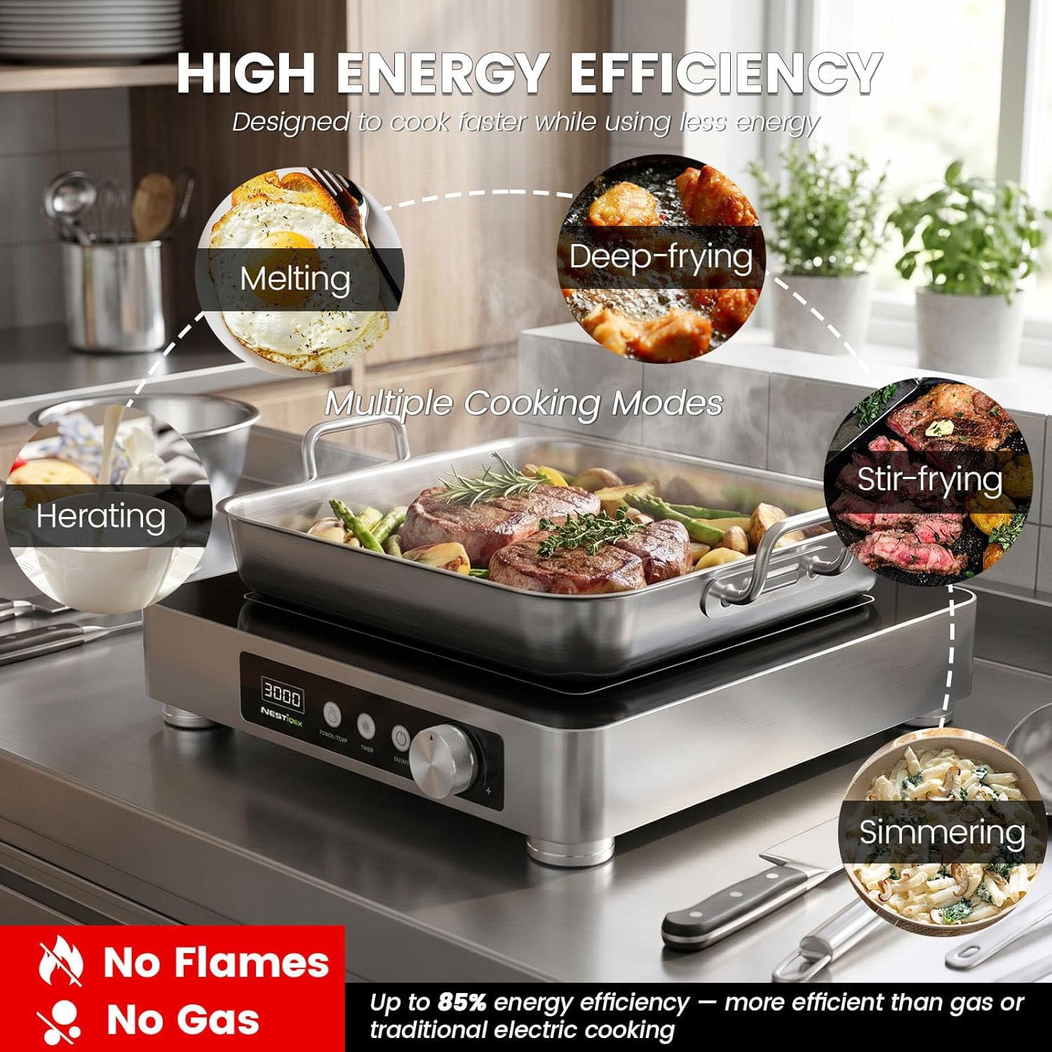 Abangdun 3000W 195V～275V High Power Commercial Induction Cooktop 11.4" Dual Copper Coil Heavy Duty Electric Stove Countertop Burner Industrial Kitchen Range Non Pulse Cooking Hot Plate