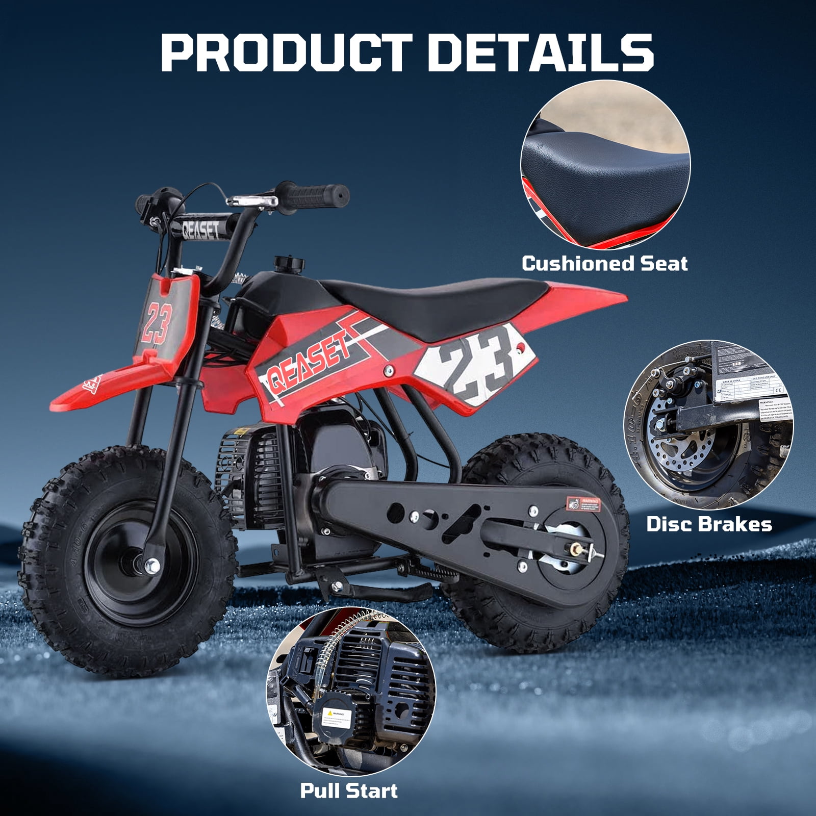 QEASET Mini Off-Road Dirt Bike, 49 CC 2-Stroke Gas Bike with Off-Rode Tire, Suspensions, Disc Brakes, Max Load 160Lbs, Max Speed 18Mph, Red