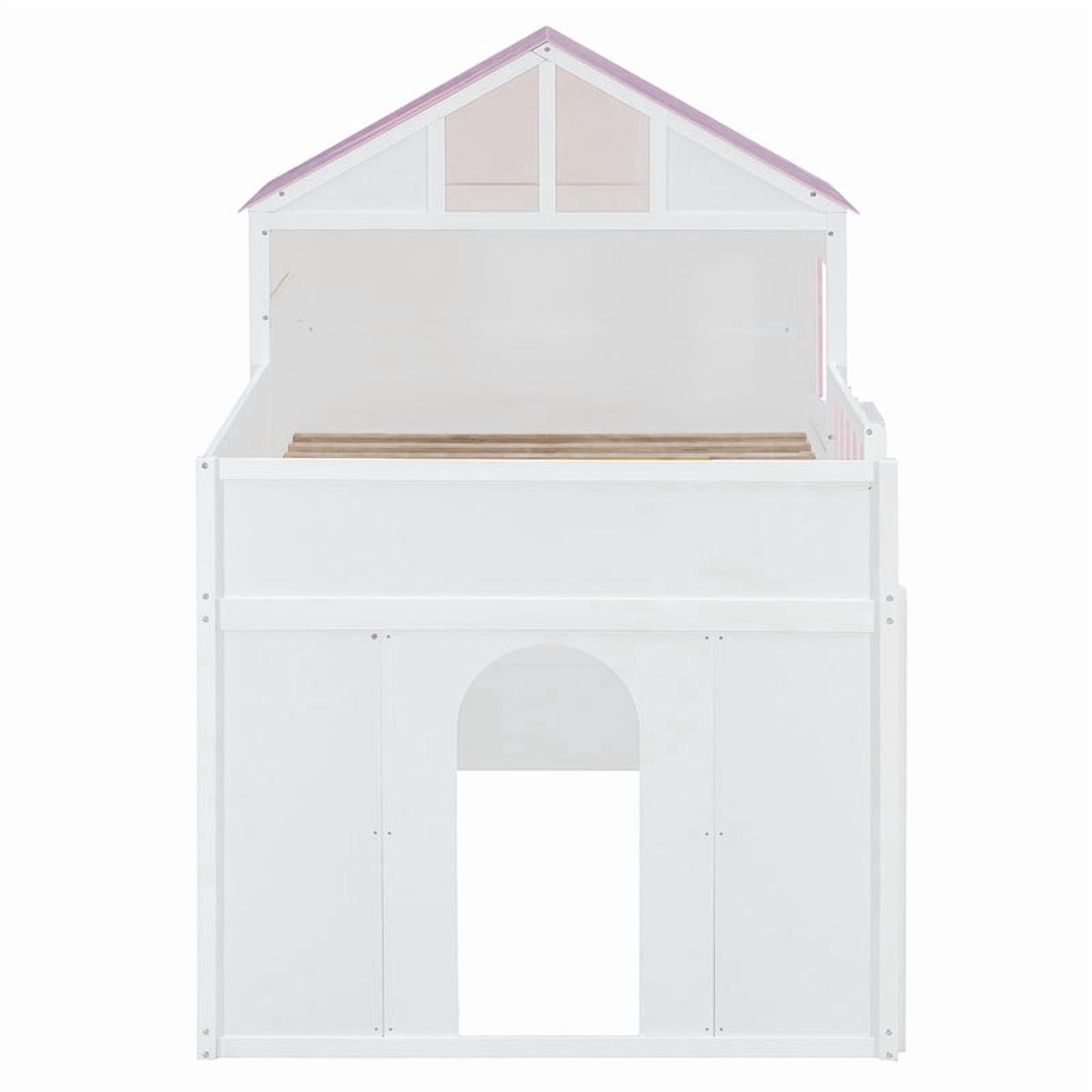 Full over Full House-Shaped Bunk Bed with Roof and Window, Kids/Teens Playful Designed Bed Frame with Fence and LED Light