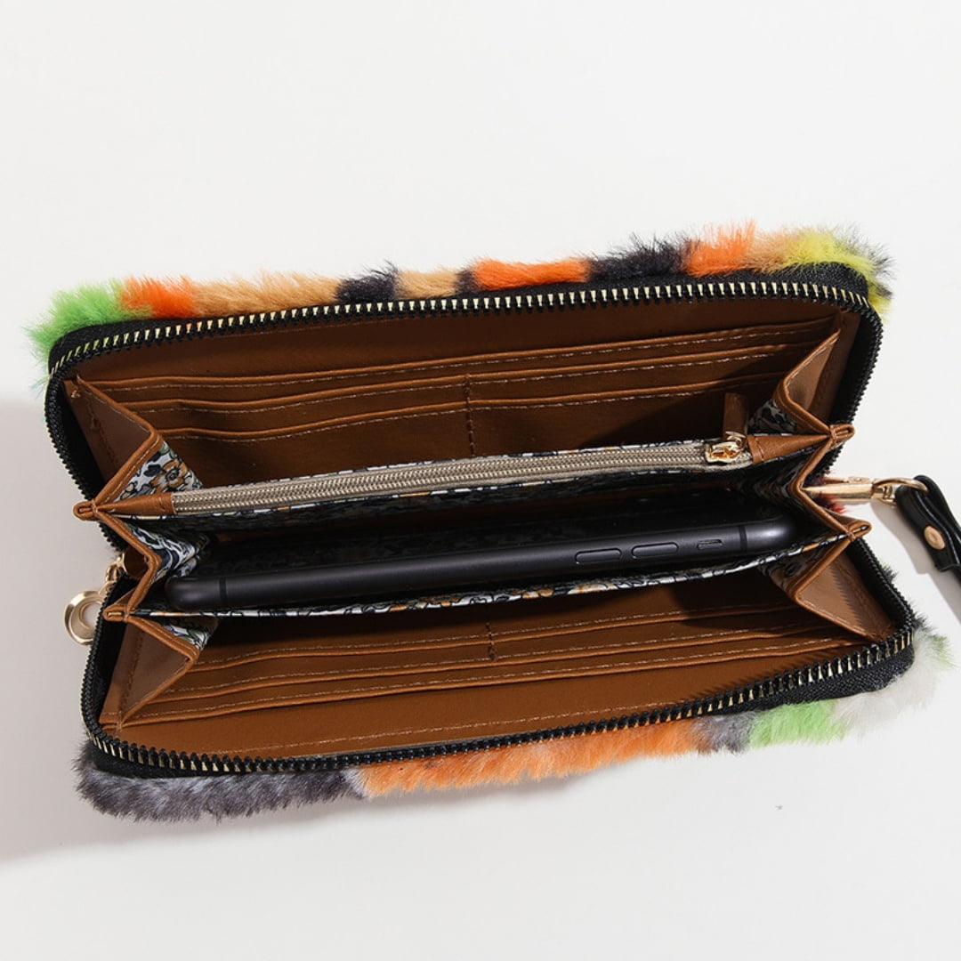 Colorful Abstract Print Fluffy Long Wallet Fuzzy Plush Wristlet Clutch Bag