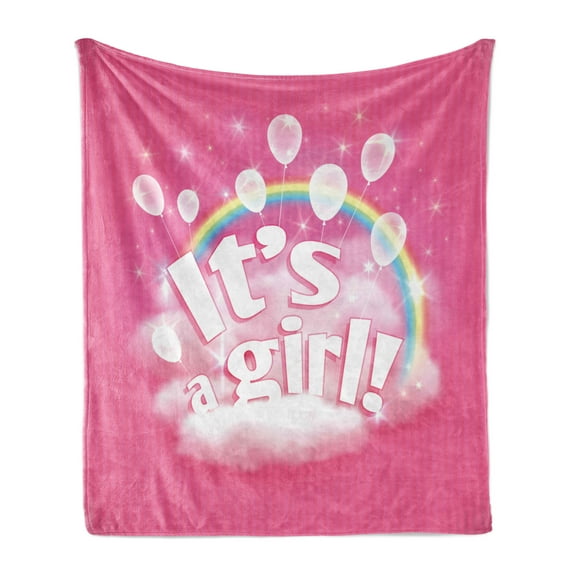 Gender Reveal Soft Flannel Fleece Throw Blanket, Its a Girl Words with Rainbow Balloons and Clouds Happy Baby Kids Birth, Cozy Plush for Indoor and Outdoor Use, 50" x 70", Pale Pink, by Ambesonne